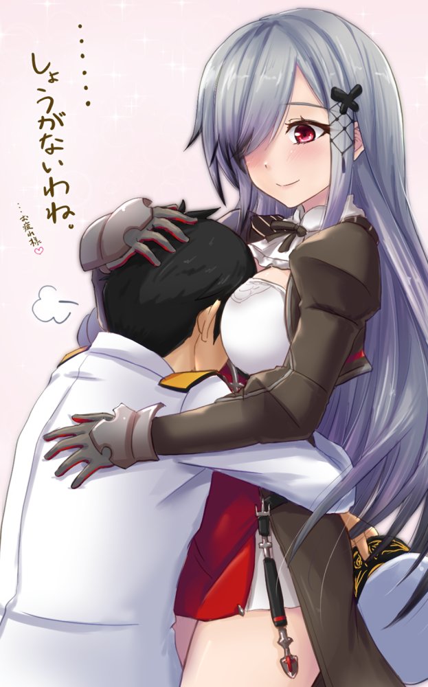 1boy 1girl azur_lane black_hair blush butterfly_hair_ornament commander_(azur_lane) commentary_request dunkerque_(azur_lane) epaulettes face_to_breasts gloves grey_hair hair_ornament hair_over_one_eye hat height_difference hetero holding holding_clothes holding_hat hug long_sleeves military military_uniform red_eyes translation_request uniform waa!_okami