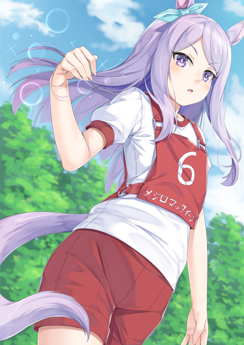 1girl animal_ears bangs blue_ribbon blurry blurry_background commentary_request day depth_of_field ear_ribbon eyebrows_visible_through_hair gym_shirt gym_shorts gym_uniform hand_up horse_ears horse_girl horse_tail long_hair mejiro_mcqueen_(umamusume) miri_(ago550421) outdoors parted_lips puffy_short_sleeves puffy_sleeves purple_hair red_shorts ribbon shirt short_shorts short_sleeves shorts solo standing swept_bangs tail umamusume v-shaped_eyebrows very_long_hair violet_eyes white_shirt