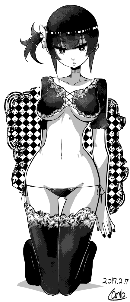 1girl arms_at_sides breasts bright_pupils closed_mouth dated fingernails greyscale kneeling lamb-oic029 looking_at_viewer lowleg lowleg_panties medium_breasts monochrome navel one_side_up original panties short_hair short_sleeves shrug_(clothing) side-tie_panties signature solo thigh-highs thigh_gap under_boob underwear white_pupils
