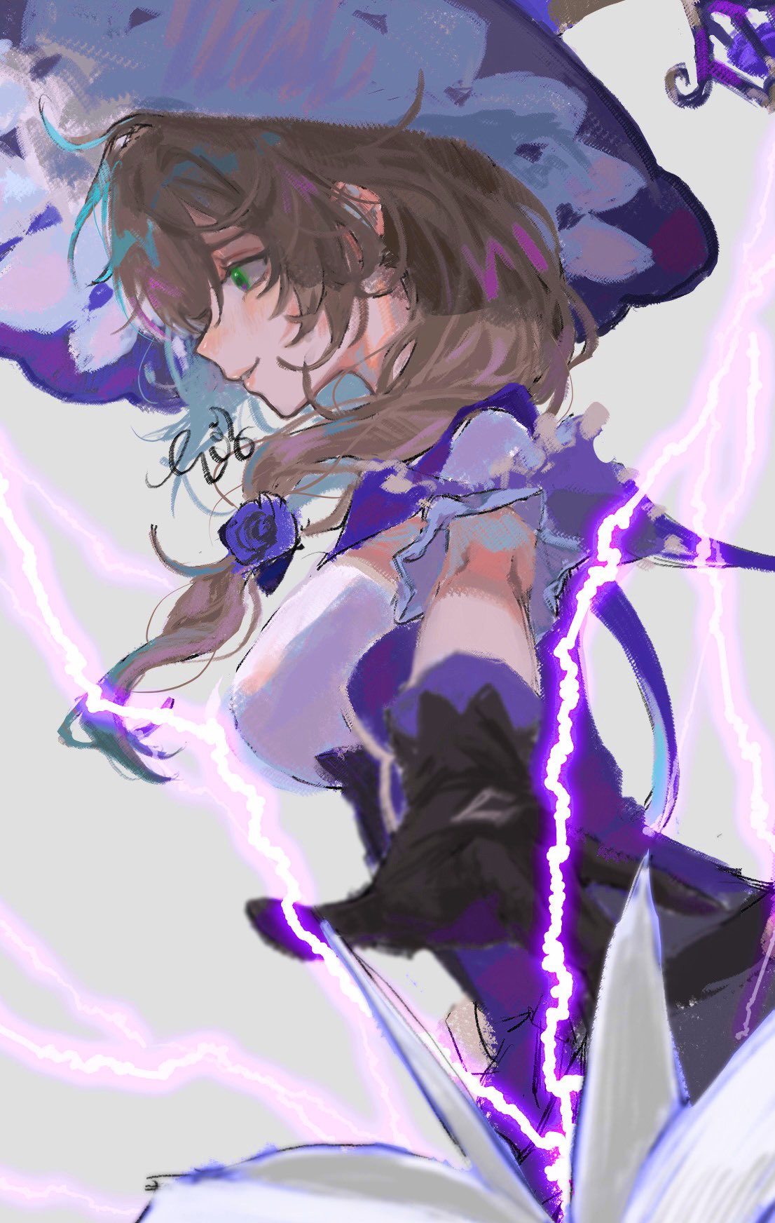 1girl bangs black_gloves book breasts brown_hair electricity flower from_side genshin_impact gloves green_eyes hair_between_eyes hair_flower hair_ornament hat highres large_breasts lisa_(genshin_impact) long_hair parted_lips pcrxle profile purple_headwear rose short_sleeves signature solo upper_body witch_hat