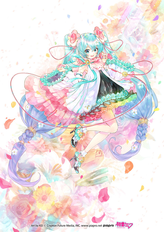 1girl aqua_eyes aqua_flower aqua_hair bare_shoulders black_skirt blue_flower blue_hair braid cable cape colorful commentary crypton_future_media detached_sleeves dress floral_background flower frilled_skirt frills full_body gradient_hair green_flower hair_flower hair_ornament hair_tie hatsune_miku high_heels holding holding_microphone kei_(keigarou) long_hair looking_at_viewer magical_mirai_(vocaloid) medallion microphone multicolored_hair official_art open_mouth orange_flower petals pink_flower purple_flower rainbow red_flower skirt smile solo speaker spring_onion twin_braids twintails very_long_hair vocaloid white_dress white_flower white_sleeves wide_sleeves yellow_flower