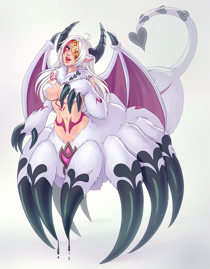1girl animal_ears arachne arthropod_girl breasts claws commentary demon_horns demon_tail demon_wings english_commentary full-body_tattoo full_body fur_collar fusion horns large_breasts lilim_(monster_girl_encyclopedia) long_hair looking_at_viewer monster_girl monster_girl_encyclopedia navel ofuda one_eye_covered open_mouth paws red_eyes second-party_source sienna_(artist) simple_background solo spider_girl stomach tail tattoo taur ushi-oni_(monster_girl_encyclopedia) white_background white_fur white_hair wings