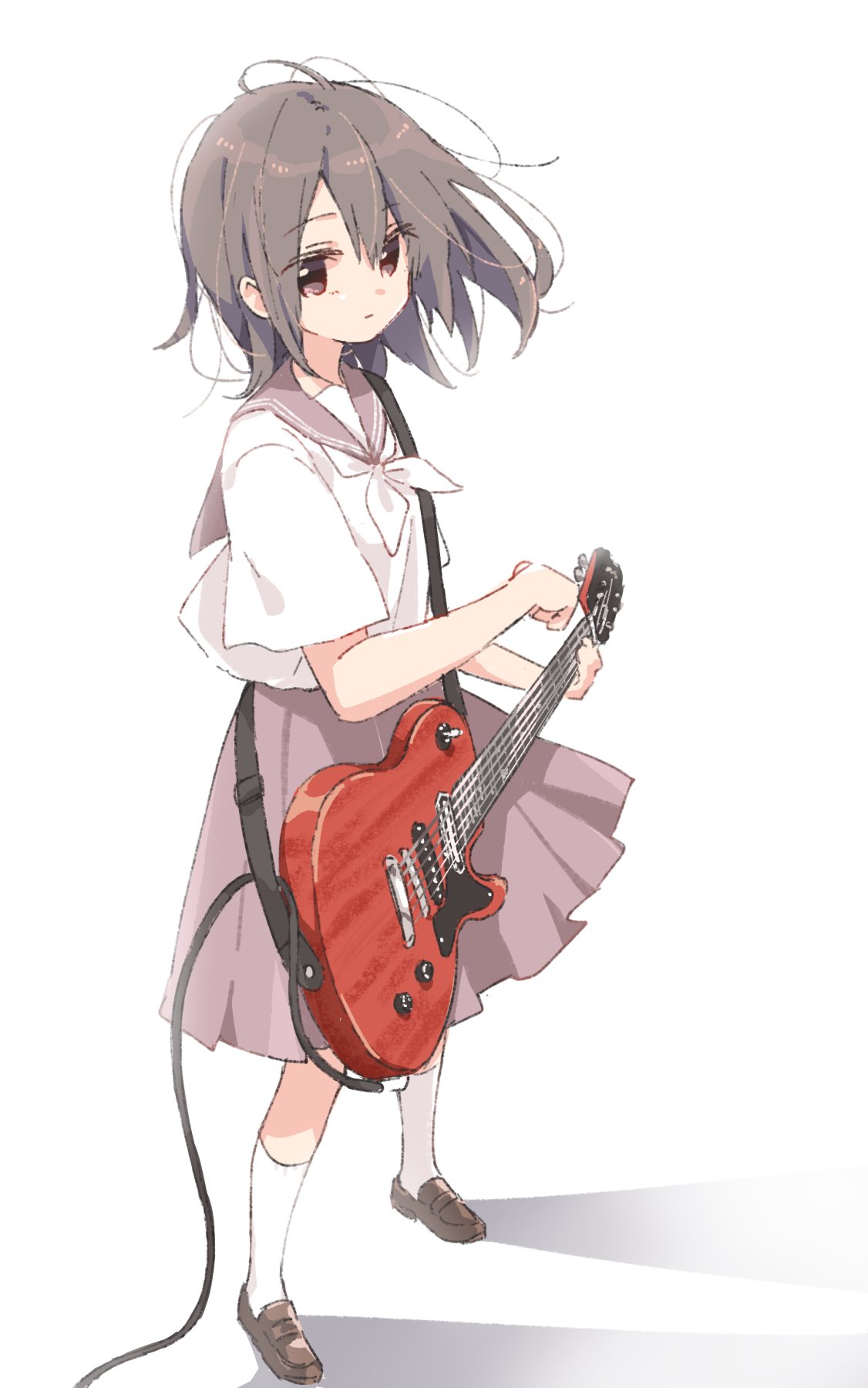 1girl brown_eyes brown_hair electric_guitar floating_hair from_side grey_sailor_collar grey_skirt guitar highres holding holding_instrument instrument kneehighs loafers matsuda_hikari neckerchief original pleated_skirt sailor_collar school_uniform serafuku shoes skirt solo white_background white_legwear white_neckwear