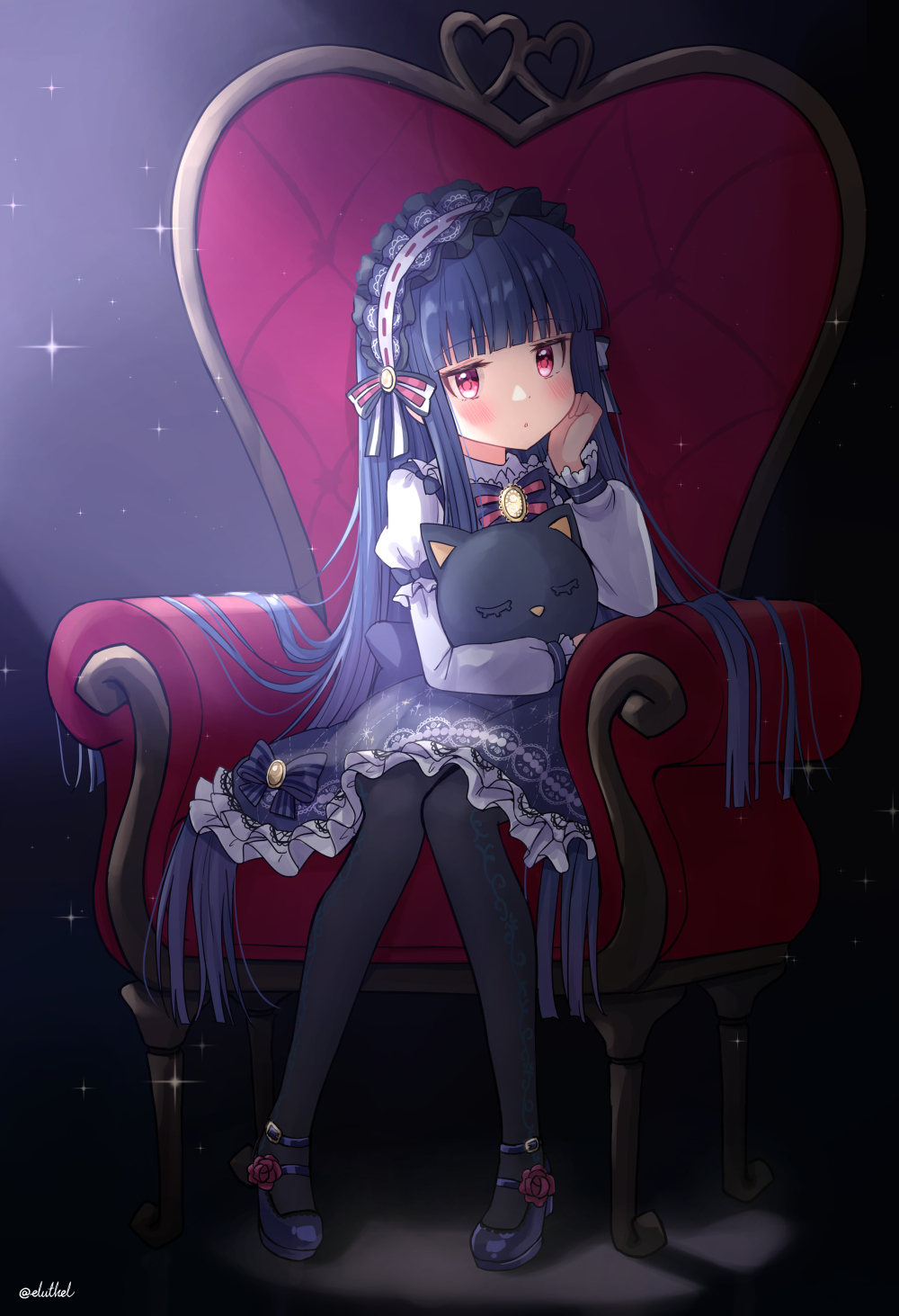 1girl armchair bangs black_cat black_legwear blue_footwear blue_hair blunt_bangs blunt_ends blush bow cat chair eluthel frilled_hairband frilled_skirt frills hairband hand_on_own_cheek hand_on_own_face highres holding holding_stuffed_toy idolmaster idolmaster_cinderella_girls lolita_fashion lolita_hairband long_hair long_sleeves mary_janes open_mouth pantyhose red_eyes sajo_yukimi shoe_flower shoes sitting skirt solo spotlight stuffed_animal stuffed_cat stuffed_toy very_long_hair