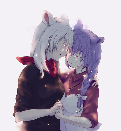 2girls animal_ears arknights braid closed_eyes holding_hands interlocked_fingers jewelry mole mole_under_mouth mouse_ears mouse_girl multiple_girls necklace purple_hair red_neckwear scavenger_(arknights) silver_hair single_braid x-bh4 yuri