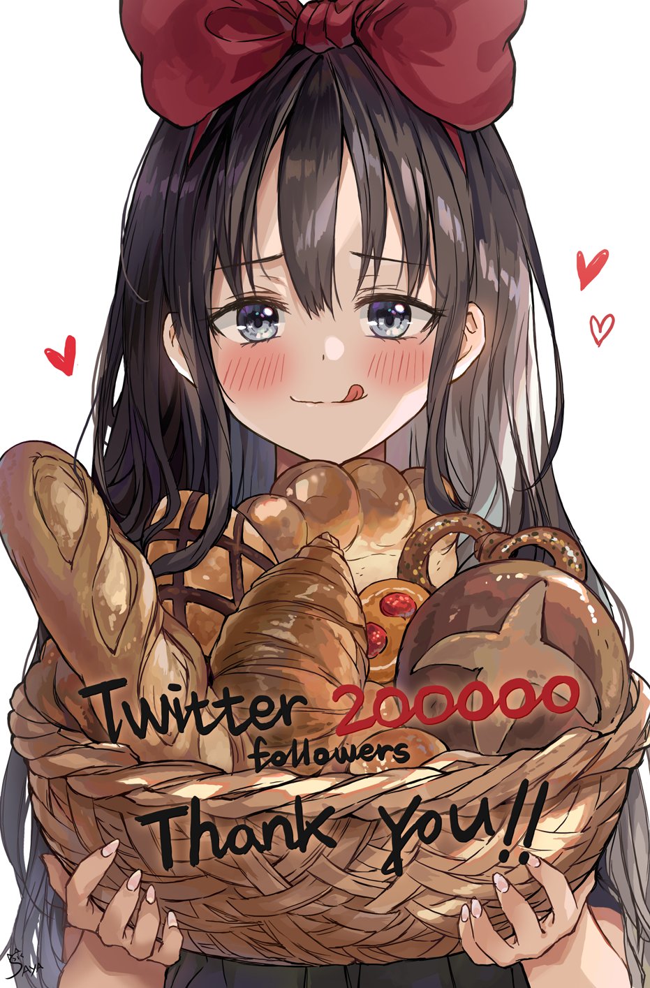 1girl :q baguette bangs basket black_hair blush bow bread closed_mouth commentary_request croissant english_text eyebrows_visible_through_hair food grey_eyes hair_bow heart highres holding holding_basket kiki korean_commentary long_hair looking_at_viewer majo_no_takkyuubin milestone_celebration mixed-language_commentary red_bow saya_(mychristian2) signature simple_background solo tongue tongue_out upper_body white_background