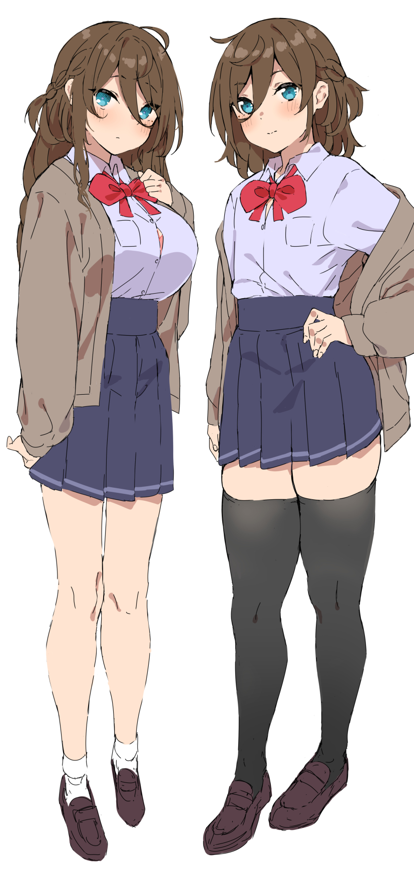 2girls ahoge bangs black_legwear blue_eyes blue_skirt blush bow bra braid breast_suppress breasts brown_footwear brown_hair brown_jacket button_gap collared_shirt commentary flat_chest hair_between_eyes hand_on_hip highres jacket large_breasts light_frown loafers long_hair mamedenkyuu_(berun) medium_hair multiple_girls necktie original pink_bra pleated_skirt red_bow shirt shoes sidelocks simple_background skirt thigh-highs underwear white_background white_legwear white_shirt zettai_ryouiki