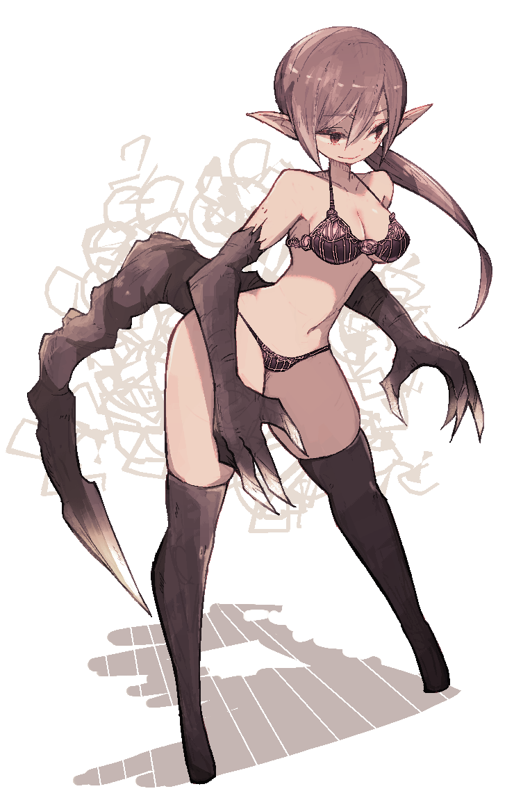 1girl animal_hands bare_shoulders black_legwear bra brown_bra brown_hair brown_panties claws closed_mouth dot_nose fewer_digits full_body lamb-oic029 legs_apart monster_girl navel original panties pointy_ears ponytail red_eyes smile solo standing tail thigh-highs underwear underwear_only