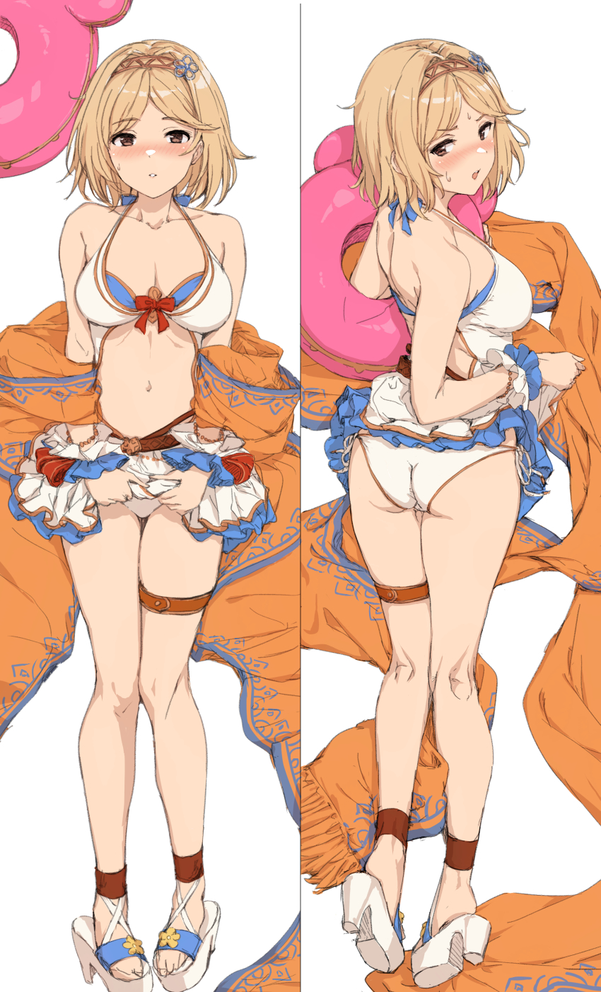 1girl akita_hika bangs bare_shoulders bikini blonde_hair blush breasts brown_eyes collarbone dakimakura_(medium) djeeta_(granblue_fantasy) granblue_fantasy hairband highres large_breasts looking_at_viewer navel open_mouth short_hair swimsuit