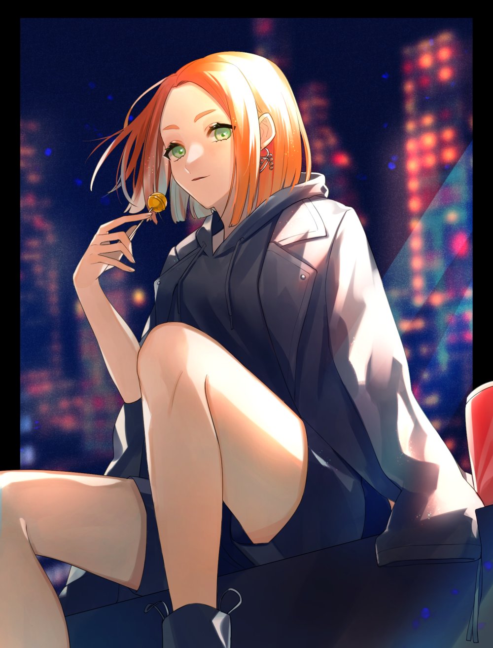 1girl black_hoodie building candy closed_mouth commission earrings food foot_out_of_frame geta_(epicure_no12) green_eyes highres hood hoodie jewelry lollipop looking_at_viewer medium_hair orange_hair original shorts sitting skeb_commission solo thick_eyebrows thigh-highs