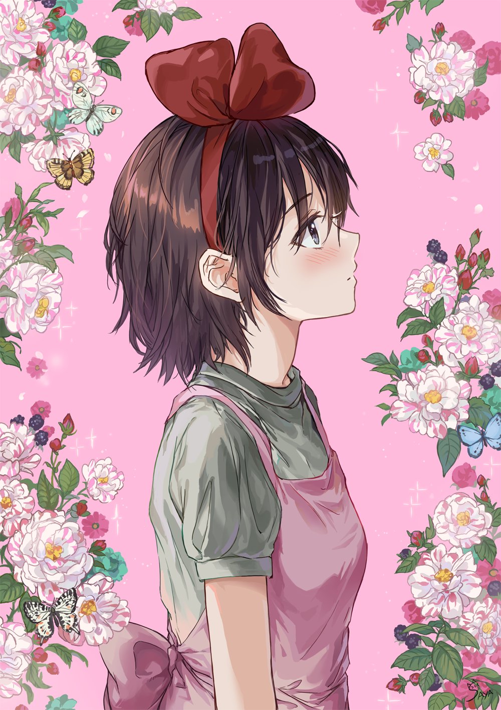 1girl blush brown_hair bug butterfly eyebrows_visible_through_hair floral_background flower from_side grey_eyes hairband highres insect kiki leaf majo_no_takkyuubin pink_background pink_flower red_flower red_hairband saya_(mychristian2) short_sleeves solo