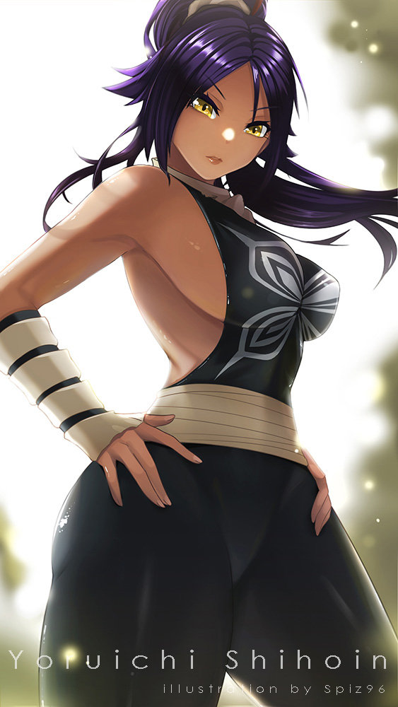 1girl bleach breasts dark-skinned_female dark_skin huge_breasts large_breasts muscular muscular_female shihouin_yoruichi solo spiz sports_bra tan thick_thighs thighs