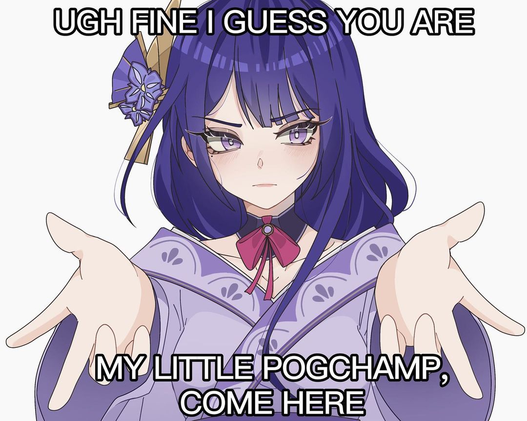 1girl bangs blunt_bangs blush breasts closed_mouth commentary english_commentary english_text flower foreshortening genshin_impact hair_flower hair_ornament iffynekonii japanese_clothes kimono long_hair long_sleeves looking_at_viewer meme mole mole_under_eye pogchamp purple_flower purple_hair raiden_(genshin_impact) ribbon simple_background solo symbol_commentary violet_eyes white_background wide_sleeves