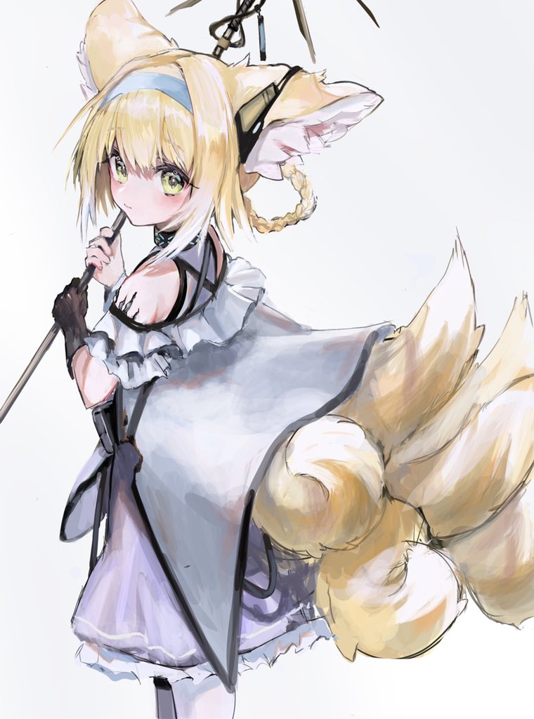 1girl animal_ears arknights bare_shoulders blonde_hair blue_hairband braid commentary croquette_crab dress earpiece fox_ears fox_girl fox_tail gloves green_eyes hairband holding holding_staff kitsune looking_at_viewer looking_back multicolored_hair multiple_tails oripathy_lesion_(arknights) purple_dress short_hair simple_background single_glove solo staff streaked_hair suzuran_(arknights) tail white_background white_hair