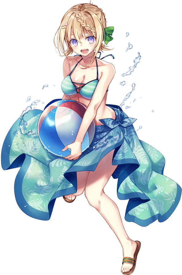 1girl aqua_bikini ball bare_legs beachball bikini blonde_hair braid braided_bun collarbone full_body kantai_collection kusada_souta official_art open_mouth perth_(kancolle) sandals sarong smile striped striped_bikini swimsuit transparent_background violet_eyes water