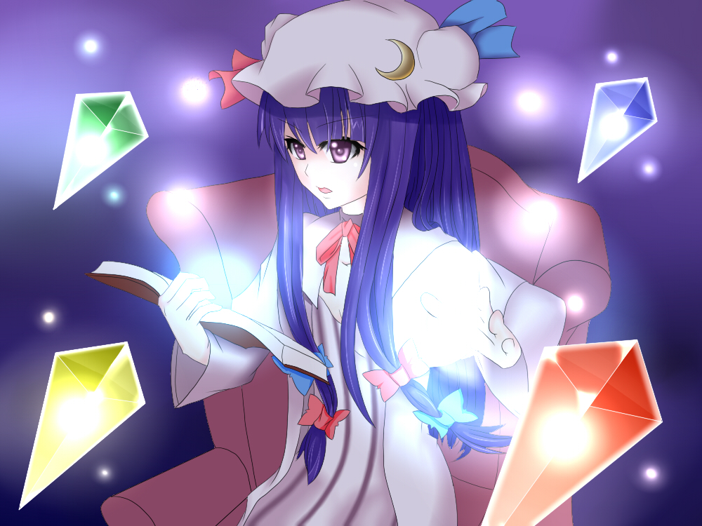 1girl card casting_spell chair couch crystal light_bulb patchouli_knowledge purple_background spell spell_card standing touhou yuu_(yuem)