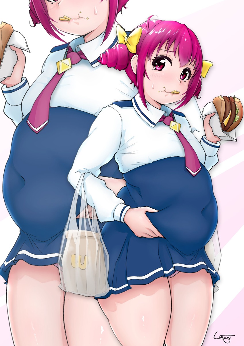 1girl bag bangs belly_grab bow burger character_request closed_mouth commentary_request copyright_request food furrowed_brow hair_bow highres long_sleeves looking_at_viewer looking_to_the_side medium_hair multiple_views napkin paper_bag pink_eyes pink_hair plastic_bag plump shigekikkusu shiny shiny_hair shopping_bag sidelocks signature solo tareme thick_thighs thighs wcdonalds wing_collar