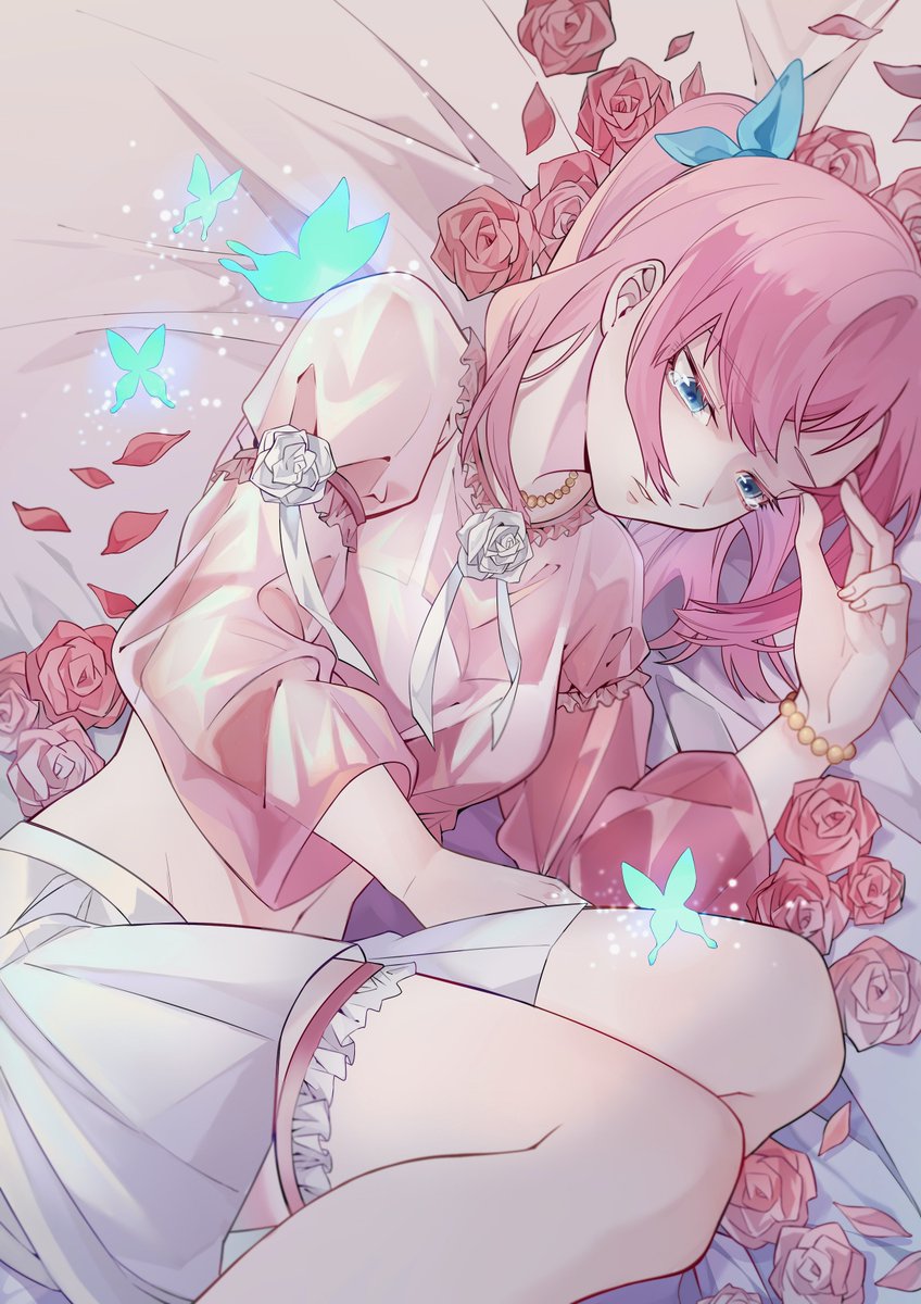 1girl bangs bead_bracelet beads bed_sheet blouse bracelet bug butterfly crying crying_with_eyes_open eyebrows_visible_through_hair flower highres indie_virtual_youtuber insect jewelry lying medium_hair one_side_up open_mouth petals pink_blouse pink_hair rose second-party_source see-through skirt solo tears white_skirt xiachaer zenith_(vtuber)
