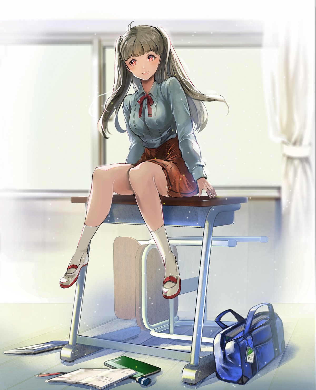 1girl :d ahoge bag book breasts chair desk grey_hair grey_shirt highres indoors large_breasts long_sleeves looking_at_viewer miniskirt miso_katsu neck_ribbon open_mouth orange_skirt original pen red_eyes red_neckwear red_ribbon ribbon school_bag school_chair school_desk school_uniform shirt shoes sitting skirt smile socks solo two_side_up white_legwear