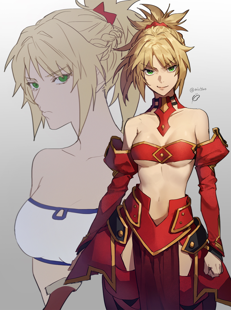 1girl banababa bare_shoulders blonde_hair braid breasts fate/apocrypha fate/grand_order fate_(series) green_eyes hair_ornament hair_scrunchie looking_at_viewer medium_hair mordred_(fate) mordred_(fate)_(all) ponytail red_scrunchie scrunchie smile solo sword weapon white_background