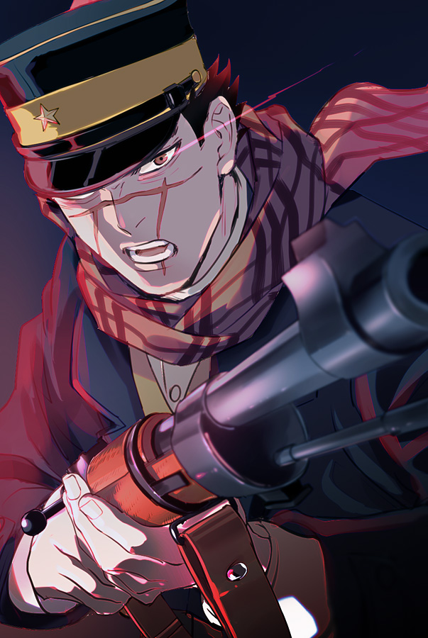 1boy black_background black_hair black_headwear black_jacket bolt_action brown_eyes golden_kamuy gun hat holding holding_gun holding_weapon imperial_japanese_army jacket kepi light_trail long_sleeves looking_at_viewer male_focus military_hat one_eye_covered open_mouth rifle scar scar_on_face scar_on_mouth scar_on_nose scarf short_hair solo sugimoto_saichi teeth tr_(lauralauraluara) tsurime upper_body weapon yellow_scarf