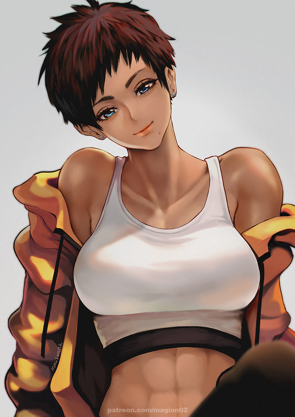 1girl abs artist_name blue_eyes breasts brown_hair collarbone dark-skinned_female dark_skin drawstring earrings english_commentary eyelashes grey_background head_tilt highres hood hood_down hoodie jewelry large_breasts light_smile looking_at_viewer magion02 midriff mole mole_under_mouth off_shoulder one-punch_man open_clothes open_hoodie orange_hoodie pink_lips pixie_cut short_hair solo sports_bra star_(symbol) star_earrings suiko_(one-punch_man) tomboy upper_body watermark web_address white_sports_bra