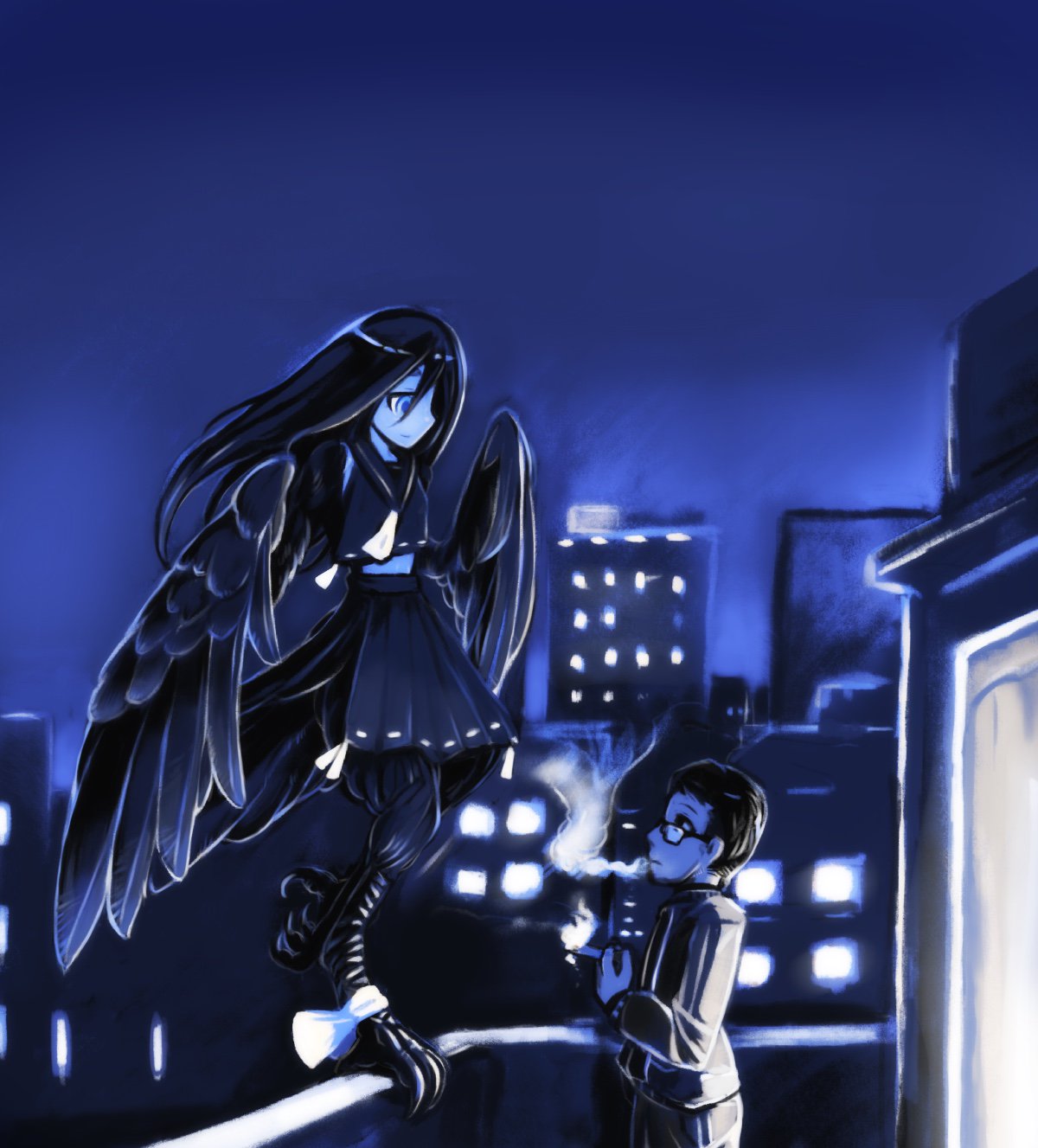 1boy 1girl animal_feet balcony bangs beard bird_legs bird_tail black_feathers black_hair black_serafuku black_shirt black_skirt black_wings blue_eyes blue_theme cigarette cityscape facial_hair feathered_wings glasses harpy highres holding holding_cigarette idon long_hair monster_girl original railing school_uniform serafuku shirt short_hair side_slit skirt smoking standing standing_on_one_leg standing_on_railing tail tail_feathers talons winged_arms wings