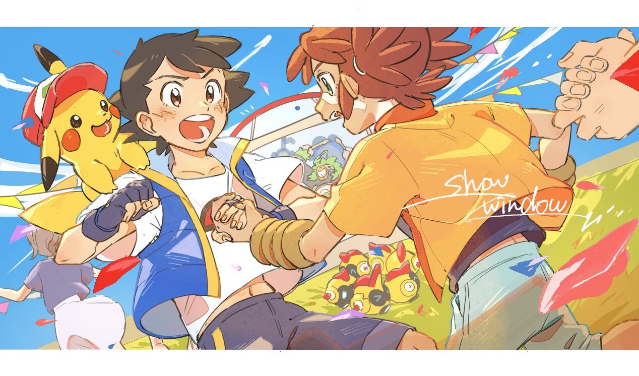 2boys ash_ketchum blue_jacket blush brown_eyes brown_hair clouds commentary_request day falinks gen_1_pokemon gen_8_pokemon green_eyes hatted_pokemon holding_hands jacket koko_(pokemon) letterboxed male_focus multiple_boys open_mouth outdoors pikachu pokemon pokemon_(anime) pokemon_(creature) pokemon_m23 rate_(naze_besu_latte) rillaboom shirt short_hair short_sleeves shorts sky sleeveless sleeveless_jacket smile t-shirt teeth white_shirt