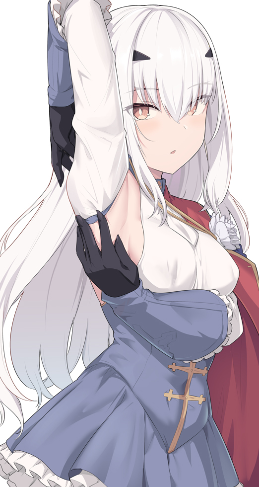 1girl arm_behind_head arm_up armpits black_gloves blue_dress breasts brown_eyes cape detached_sleeves dress fate/grand_order fate_(series) flower frills gloves lancelot_(fairy_knight)_(fate) long_hair long_sleeves looking_at_viewer medium_breasts open_mouth red_cape shiseki_hirame sidelocks solo thighs white_hair