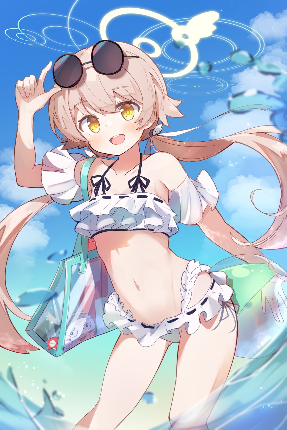 1girl arm_garter bag ball bangs beachball bikini blue_archive buck_teeth clouds collarbone eyewear_on_head frilled_bikini frills haemori_ako halo hifumi_(blue_archive) highres light_brown_hair long_hair looking_at_viewer low_twintails navel open_mouth ribbon-trimmed_swimsuit ribbon_trim round_eyewear sky sunglasses swimsuit teeth twintails water white_bikini yellow_eyes