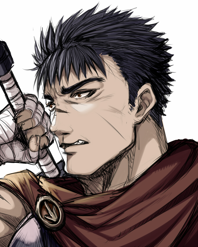 1boy angry armor bandages berserk brown_eyes cape clenched_teeth close-up guts_(berserk) holding holding_weapon horosuke looking_to_the_side male_focus scar short_hair simple_background spiky_hair sword teeth upper_body weapon white_background