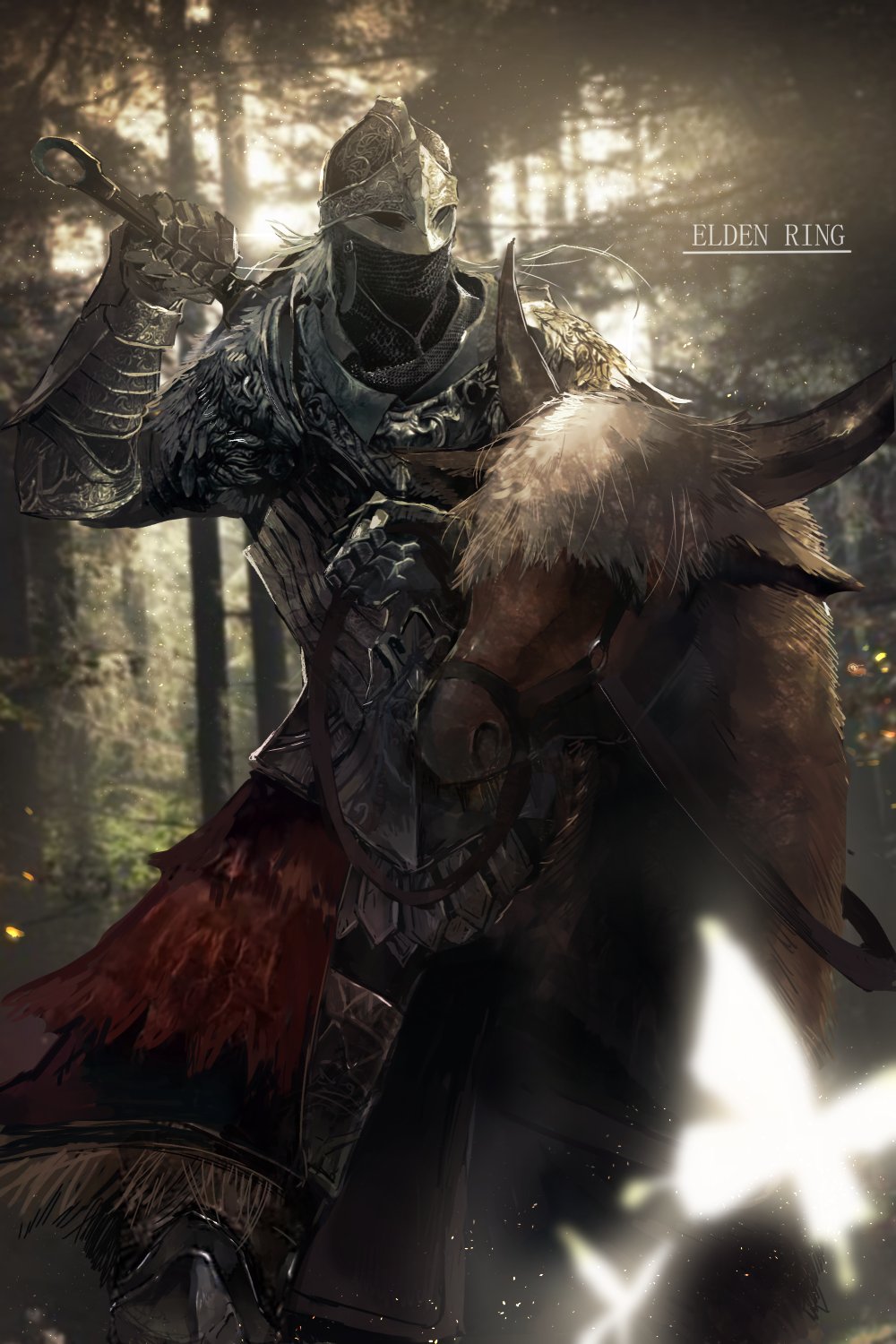 ambiguous_gender armor bug butterfly copyright_name elden_ring full_armor glowing_butterfly helm helmet highres holding holding_weapon horse insect mono_(jdaj) outdoors pauldrons riding shoulder_armor solo sword tarnished_(elden_ring) tree weapon weapon_on_back