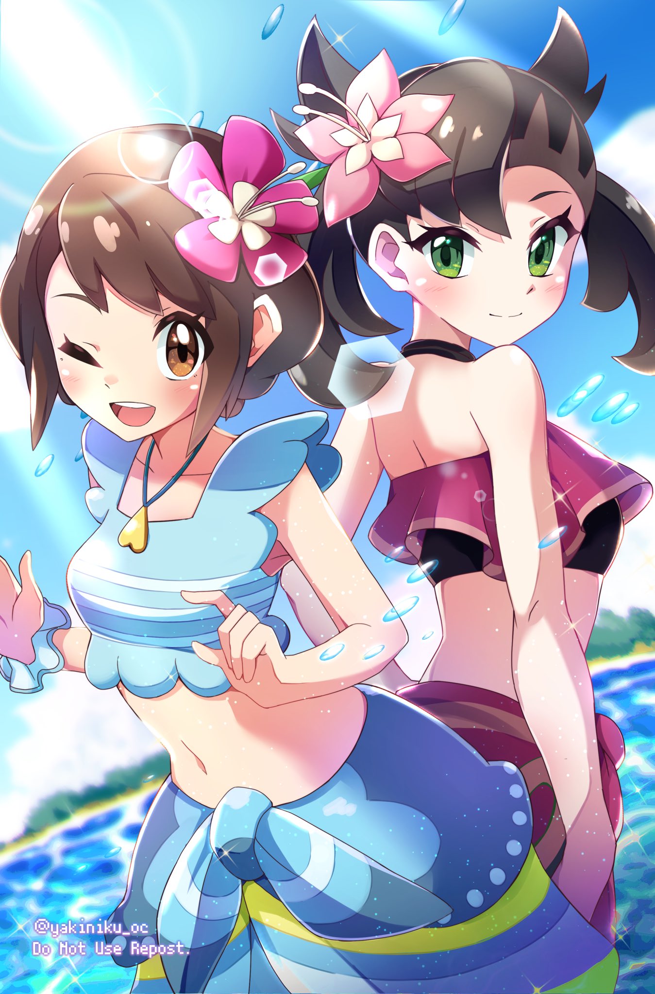 2girls ;d asymmetrical_bangs bangs blue_sarong blue_shirt blush brown_eyes brown_hair closed_mouth clouds collarbone commentary_request day eyelashes flower gloria_(pokemon) green_eyes hair_flower hair_ornament highres jewelry lens_flare looking_at_viewer looking_back marnie_(pokemon) miyama-san multiple_girls navel necklace one_eye_closed open_mouth outdoors pink_flower pokemon pokemon_(game) pokemon_masters_ex purple_flower purple_sarong sarong shirt short_hair sky sleeveless sleeveless_shirt smile sparkle tongue twintails twitter_username upper_teeth water