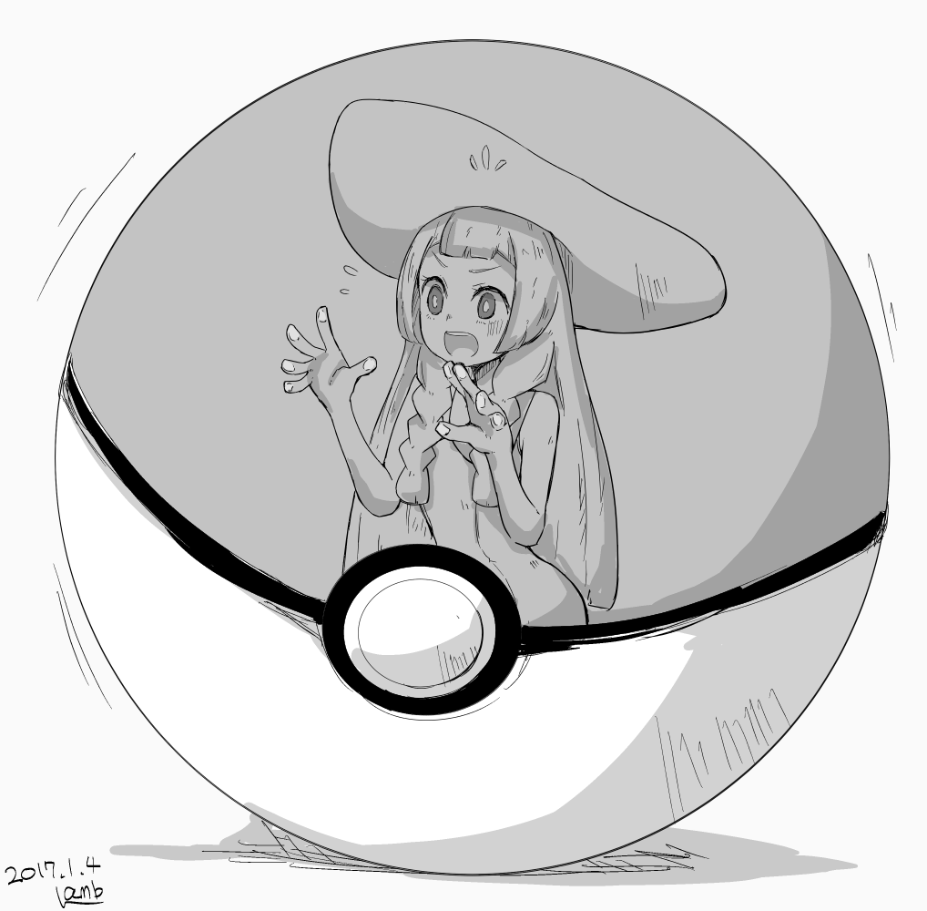 1girl dated flying_sweatdrops greyscale hat in_poke_ball lamb-oic029 lillie_(pokemon) monochrome open_mouth poke_ball poke_ball_(basic) pokemon pokemon_(game) pokemon_sm signature simple_background solo sun_hat trapped white_background wide-eyed