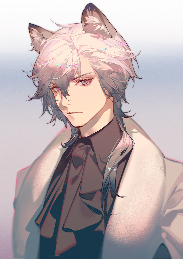 1boy animal_ear_fluff animal_ears arknights ascot ask_(askzy) bangs black_neckwear black_shirt closed_mouth coat collared_shirt commentary dress_shirt english_commentary grey_background grey_eyes hair_between_eyes leopard_ears long_hair looking_at_viewer male_focus shiny shiny_hair shirt silver_hair silverash_(arknights) solo upper_body white_coat