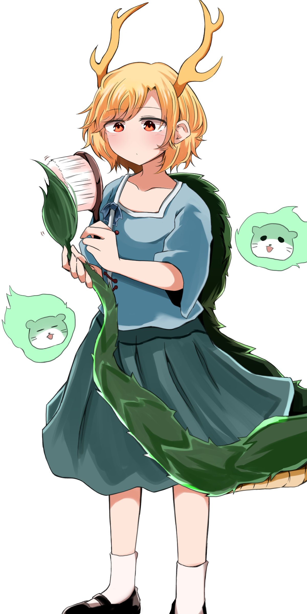 1girl :o absurdres bangs blonde_hair blue_shirt blue_skirt blush breasts collarbone commentary_request dragon_horns dragon_tail expressionless eyebrows_visible_through_hair foot_out_of_frame highres holding holding_brush horns kicchou_yachie looking_down otter_spirit_(touhou) red_eyes shirt short_hair simple_background skirt sleeves_past_elbows small_breasts solo standing swept_bangs tail tail_brushing touhou turtle_shell white_background yasui_nori