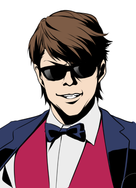 1boy bow bowtie brown_hair grin horosuke male_focus miyano_mamoru portrait shaded_face shirt short_hair simple_background smile suit_jacket sunglasses tatsumi_koutarou teeth very_short_hair white_background zombie_land_saga