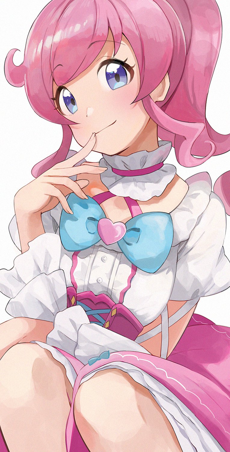 1girl blue_bow blush bow choker close-up closed_mouth commentary corset detached_sleeves dress dress_bow eyebrows_visible_through_hair face finger_to_mouth frilled_choker frills head_tilt heart_bow high_ponytail highres hiroki_(yyqw7151) idol kiratto_pri_chan knees_up layered_dress legs_together long_hair looking_at_viewer momoyama_mirai pink_dress pink_hair pretty_(series) puffy_short_sleeves puffy_sleeves short_sleeves sidelocks simple_background sitting smile solo violet_eyes white_background white_dress white_sleeves