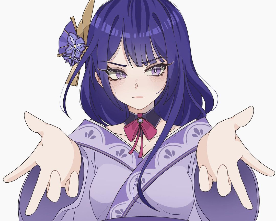 1girl bangs blunt_bangs blush breasts closed_mouth commentary english_commentary flower foreshortening genshin_impact hair_flower hair_ornament iffynekonii japanese_clothes kimono long_hair long_sleeves looking_at_viewer meme mole mole_under_eye pogchamp purple_flower purple_hair raiden_(genshin_impact) ribbon simple_background solo symbol_commentary violet_eyes white_background wide_sleeves