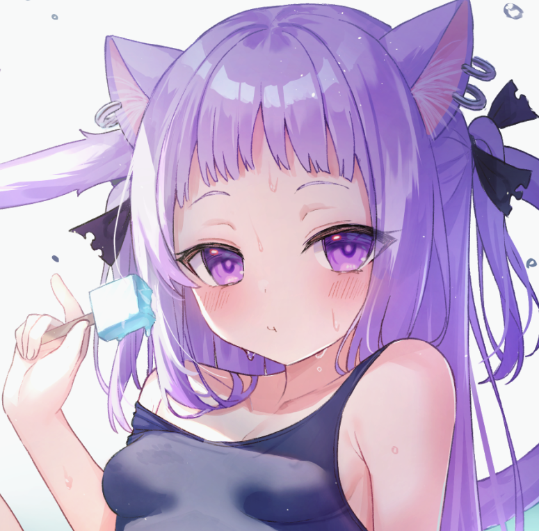 1girl :t animal_ear_fluff animal_ears bangs bare_shoulders black_ribbon black_swimsuit blush breasts cat_ears cat_girl cat_tail closed_mouth collarbone commentary_request ear_piercing food forehead gradient gradient_background grey_background hair_ribbon hand_up holding holding_food off_shoulder one-piece_swimsuit original piercing popsicle purple_hair ribbon school_swimsuit small_breasts solo swimsuit tail tail_raised tsukiman two_side_up violet_eyes water_drop white_background