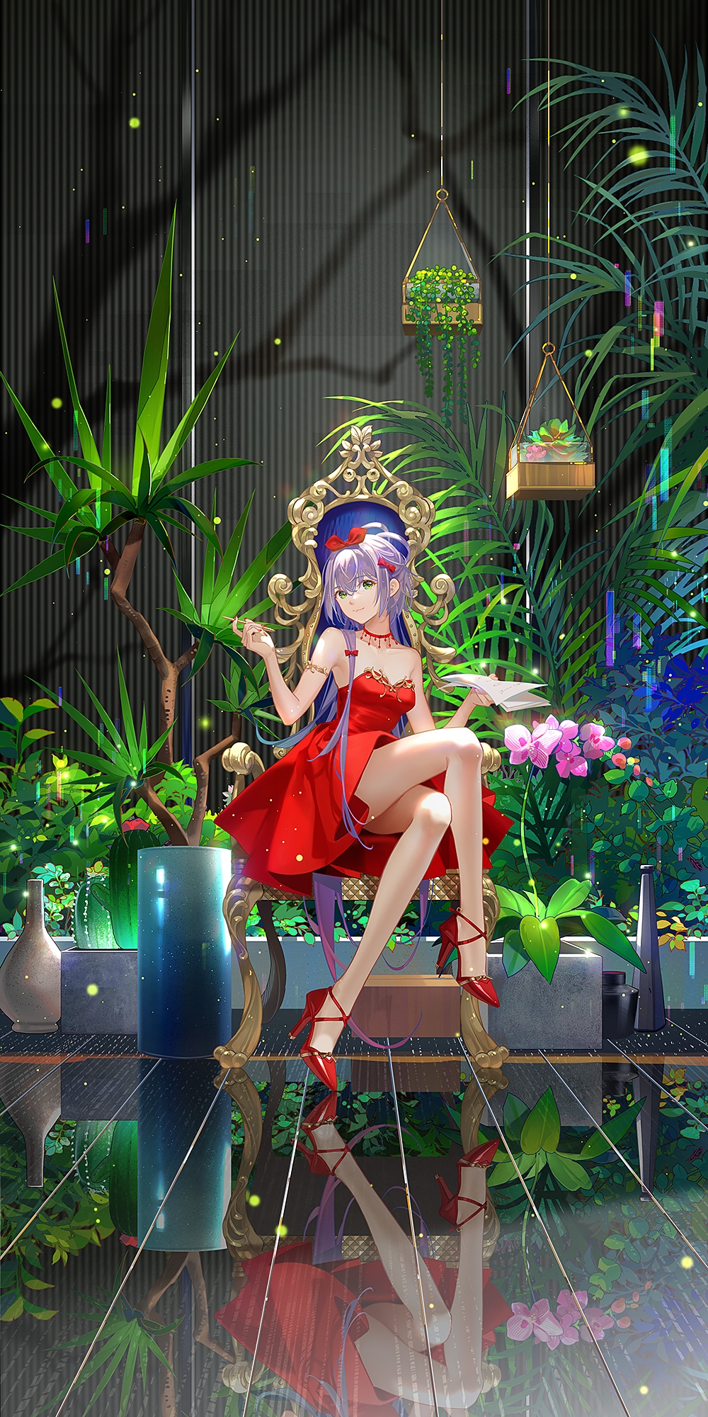 1girl bangs bare_legs bare_shoulders bow breasts chair closed_mouth crossed_legs dress eyebrows_visible_through_hair flower green_eyes hair_between_eyes hair_bow hair_ornament high_heels highres holding holding_paper holding_pen jewelry long_hair luo_tianyi necklace paper pen plant purple_hair red_bow red_dress red_footwear reflection sitting smile tidsean vocaloid