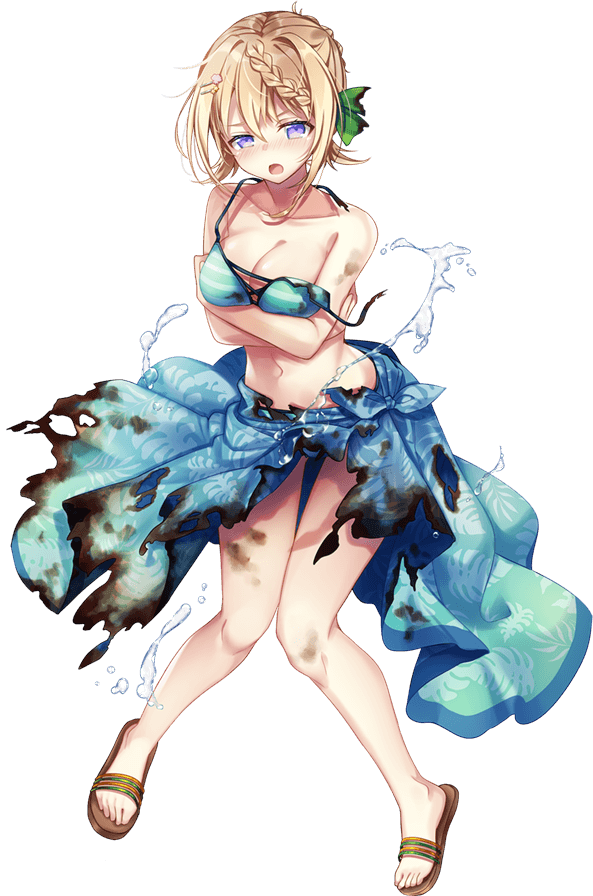 1girl aqua_bikini arms_under_breasts bare_legs bikini blonde_hair braid braided_bun breast_hold breasts burnt_clothes collarbone full_body kantai_collection kusada kusada_souta large_breasts official_art open_mouth perth_(kancolle) sandals sarong smile striped striped_bikini swimsuit torn_clothes transparent_background violet_eyes water