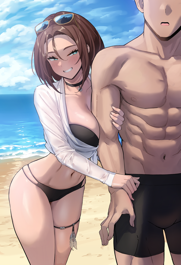 1boy 1girl abs aqua_eyes arm_between_breasts arm_grab banned_artist bare_hips beach between_breasts biceps bikini black_bikini breast_press breasts brown_hair choker collar eyewear_on_head green_eyes grin kkamja large_breasts legs_together looking_at_another looking_to_the_side naughty_face navel open_mouth original seductive_smile see-through shirt side_cutout smile sunglasses swimsuit thigh_strap thighs white_shirt