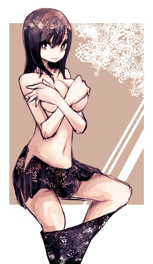 1girl bright_pupils brown_eyes brown_theme closed_mouth covering covering_breasts lamb-oic029 looking_at_viewer monochrome navel open_clothes open_skirt original skirt solo standing white_pupils