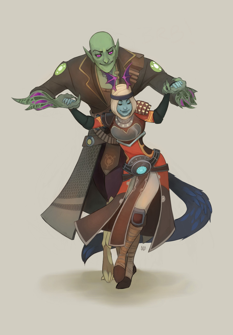 1boy 1girl artist_name aurin bald black_nails blue_skin brown_legwear colored_skin commission green_skin head_wings highres holding_hands hood mimi_phillips_(fusspot) smile standing tail violet_eyes wildstar