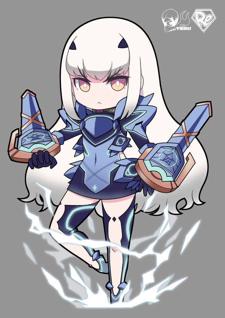 1girl :&lt; armor black_gloves blue_dress breastplate brown_eyes chibi dress energy fate/grand_order fate_(series) g3gogogo gloves grey_background lancelot_(fairy_knight)_(fate) long_hair thigh-highs white_hair