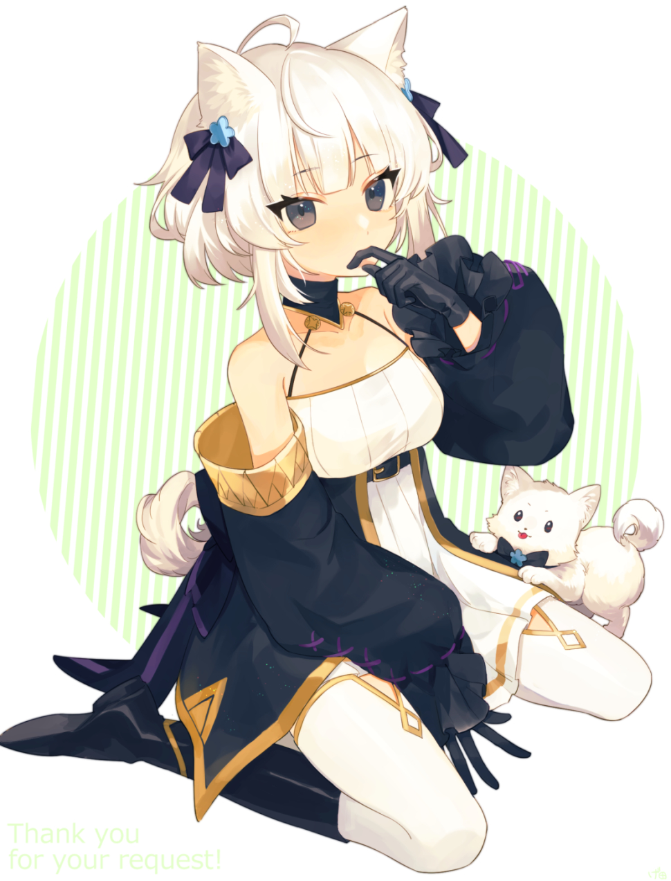 1girl ahoge animal_ears bangs black_footwear black_gloves blunt_bangs breasts commission dog geta_(epicure_no12) gloves highres looking_at_viewer medium_breasts off_shoulder original short_hair skeb_commission solo tail white_hair white_legwear