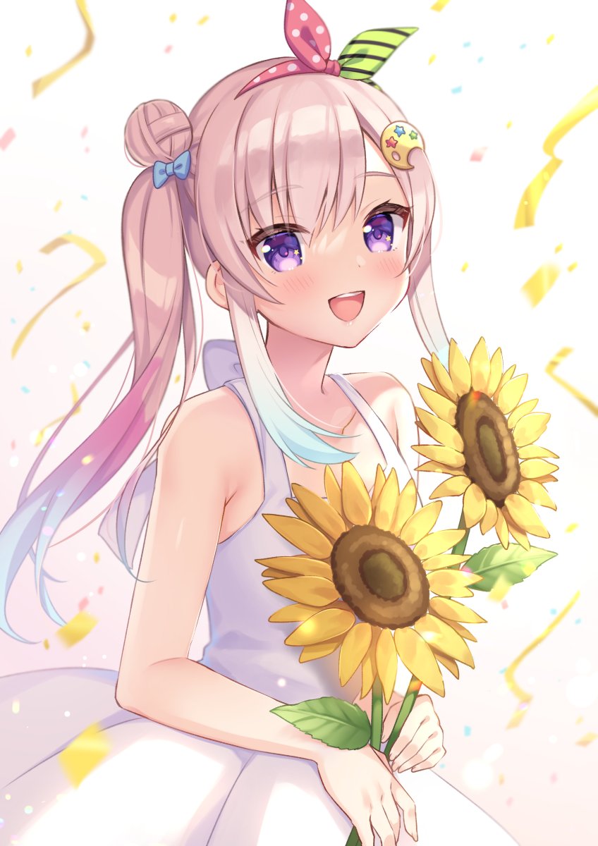 1girl airani_iofifteen blue_bow blue_hair blush bow confetti dress flower gradient_hair hair_behind_ear hair_bow hair_ribbon highres holding holding_flower hololive hololive_indonesia long_hair looking_at_viewer multicolored_hair open_mouth palette_hair_ornament pink_hair ribbon side_bun side_ponytail sidelocks smile solo sumisaki_yuzuna sunflower violet_eyes virtual_youtuber white_dress