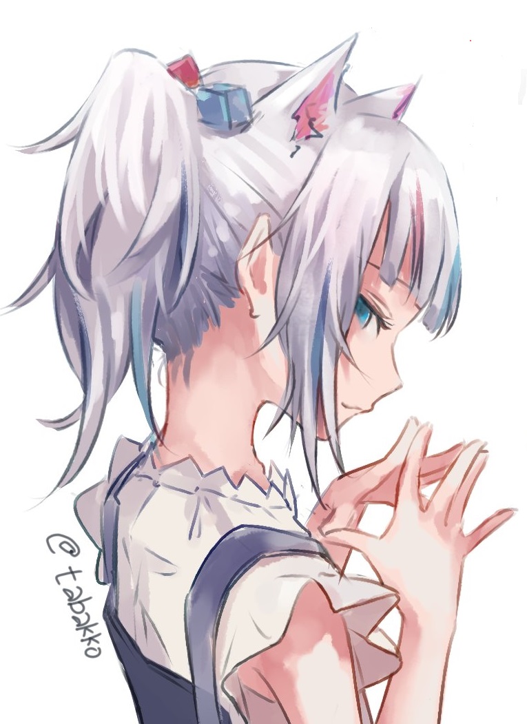 1girl animal_ears bangs blue_eyes blue_hair blue_overalls blunt_bangs cat_ears closed_mouth dice_hair_ornament evil_grin evil_smile from_side glance grin hair_ornament hands_together hololive hololive_english hyde_(tabakko) multicolored_hair ponytail shirt short_hair signature silver_hair simple_background smile solo source_request streaked_hair suspenders twitter_username upper_body virtual_youtuber white_shirt