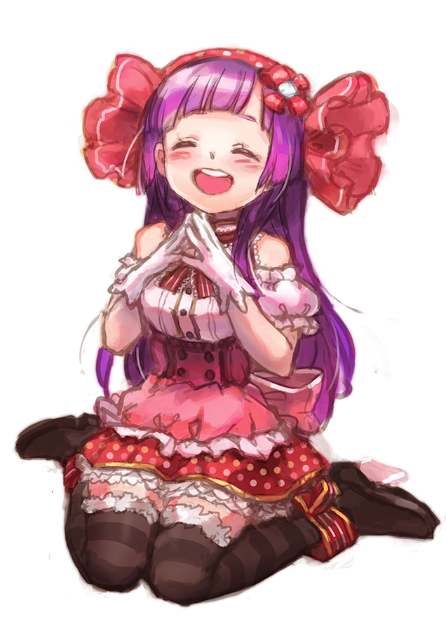 1girl :d arianna_caledonia bare_shoulders black_legwear blush closed_eyes ezroseven full_body gloves hairband open_mouth purple_hair sekaiju_no_meikyuu shin_sekaiju_no_meikyuu_2 simple_background sitting skirt smile solo striped striped_legwear thigh-highs wariza white_background white_gloves